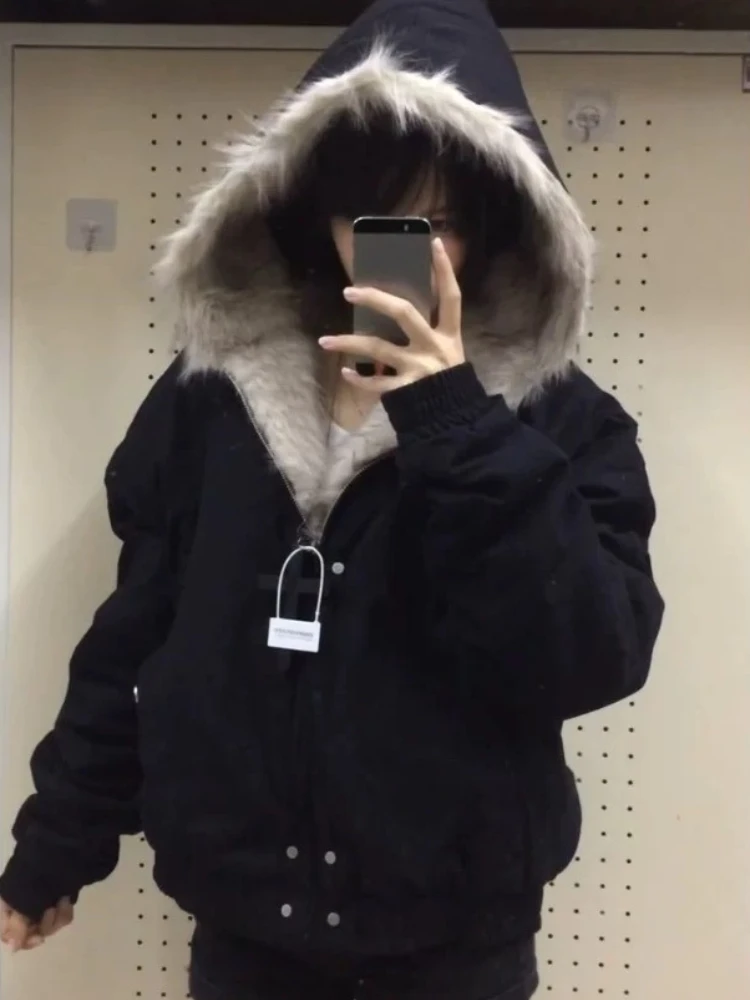 Winter New Elegant Liner Fur Loose Coat Women Y2k Fur Collar Hood Thick Fashion Parkas Casual Outerwear Cotton Padded Jackets