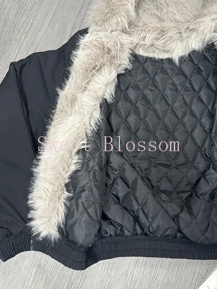 Winter New Elegant Liner Fur Loose Coat Women Y2k Fur Collar Hood Thick Fashion Parkas Casual Outerwear Cotton Padded Jackets
