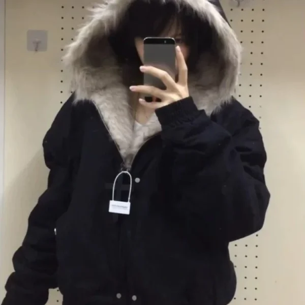 Winter New Elegant Liner Fur Loose Coat Women Y2k Fur Collar Hood Thick Fashion Parkas Casual Outerwear Cotton Padded Jackets