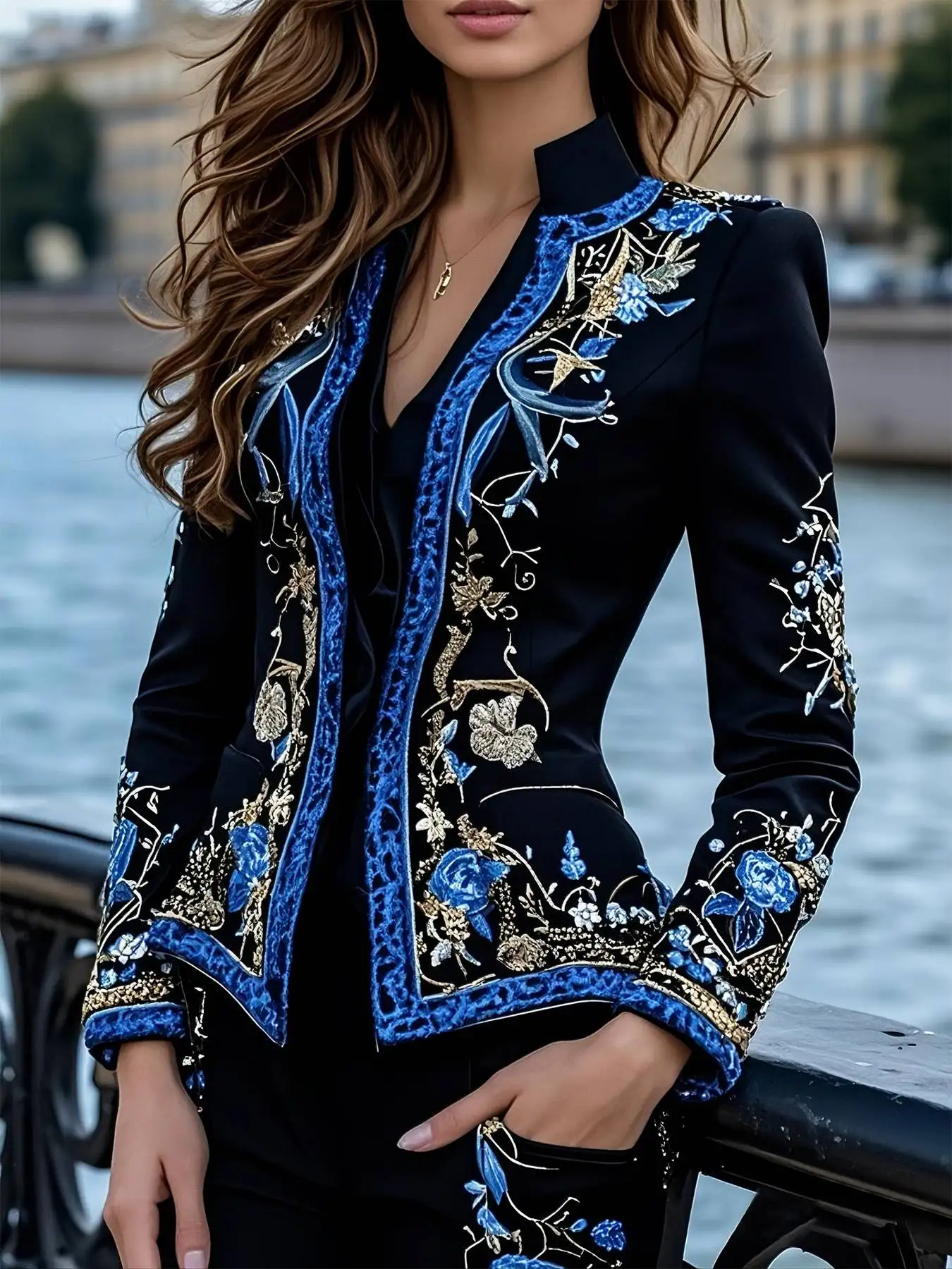 2025 Elegant Chic Women's Floral Printed Cardigan Jacket Slim Fit Long Sleeve Thin Coat Stand Collar Vintage Suit Jacket