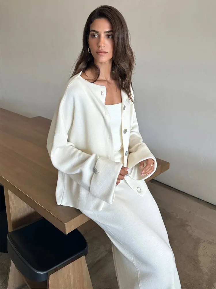 DemoRave New Fashion Kni 3 Pieces Set Women Autumn Elegant Commute Long Skirt Loose Patchwork Camisole Cardigan Maxi Skirt Sets