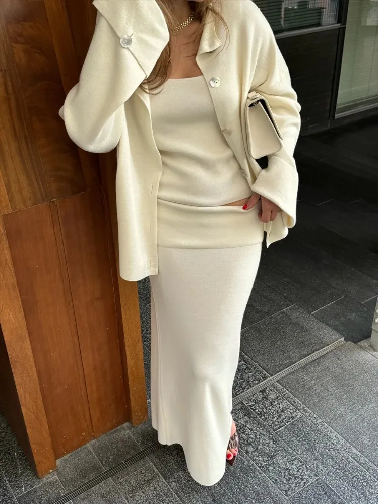 DemoRave New Fashion Kni 3 Pieces Set Women Autumn Elegant Commute Long Skirt Loose Patchwork Camisole Cardigan Maxi Skirt Sets