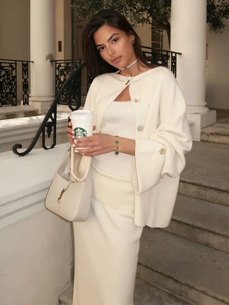 DemoRave New Fashion Kni 3 Pieces Set Women Autumn Elegant Commute Long Skirt Loose Patchwork Camisole Cardigan Maxi Skirt Sets