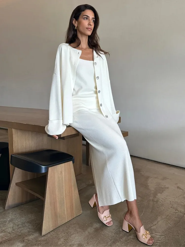 DemoRave New Fashion Kni 3 Pieces Set Women Autumn Elegant Commute Long Skirt Loose Patchwork Camisole Cardigan Maxi Skirt Sets