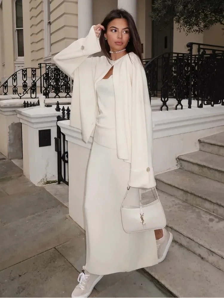 DemoRave New Fashion Kni 3 Pieces Set Women Autumn Elegant Commute Long Skirt Loose Patchwork Camisole Cardigan Maxi Skirt Sets