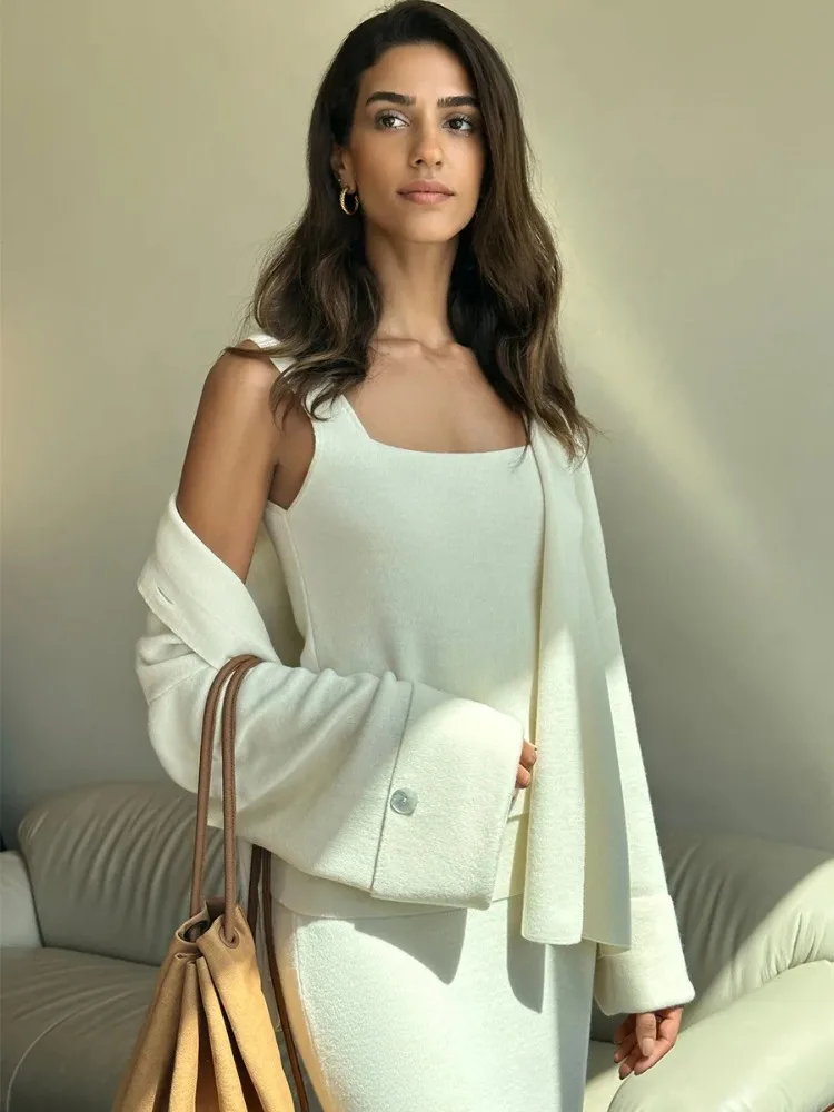 DemoRave New Fashion Kni 3 Pieces Set Women Autumn Elegant Commute Long Skirt Loose Patchwork Camisole Cardigan Maxi Skirt Sets