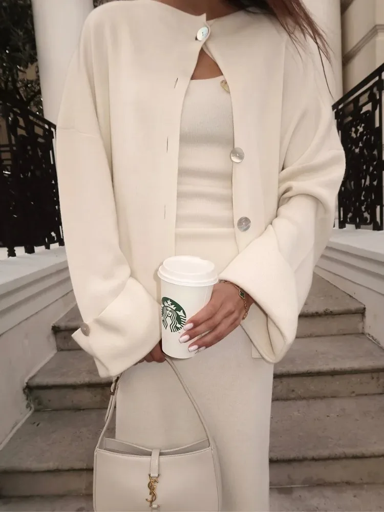 DemoRave New Fashion Kni 3 Pieces Set Women Autumn Elegant Commute Long Skirt Loose Patchwork Camisole Cardigan Maxi Skirt Sets