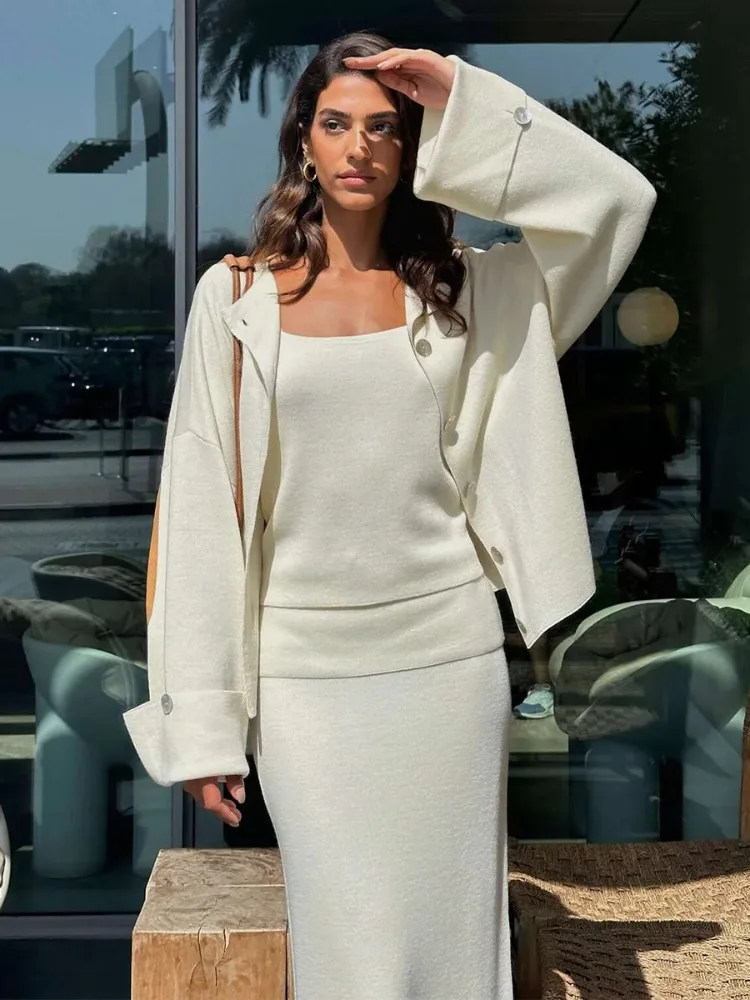 DemoRave New Fashion Kni 3 Pieces Set Women Autumn Elegant Commute Long Skirt Loose Patchwork Camisole Cardigan Maxi Skirt Sets