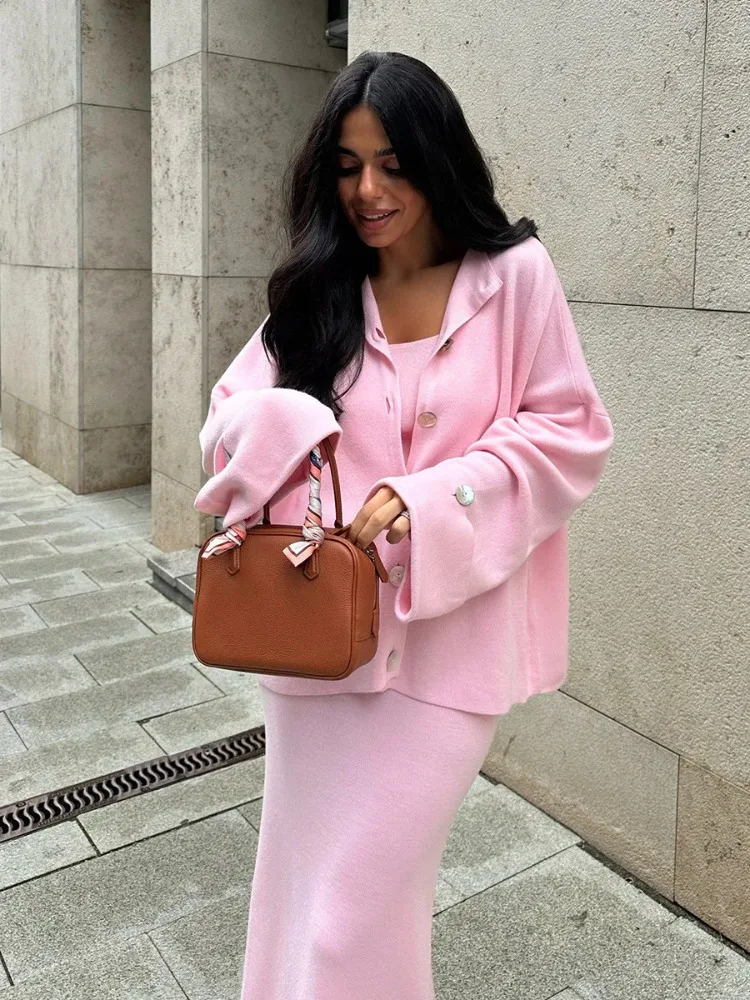 DemoRave New Fashion Kni 3 Pieces Set Women Autumn Elegant Commute Long Skirt Loose Patchwork Camisole Cardigan Maxi Skirt Sets