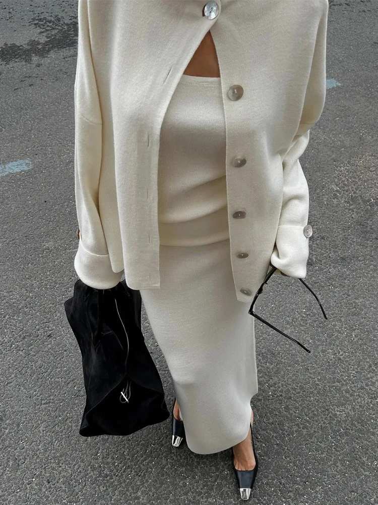 DemoRave New Fashion Kni 3 Pieces Set Women Autumn Elegant Commute Long Skirt Loose Patchwork Camisole Cardigan Maxi Skirt Sets