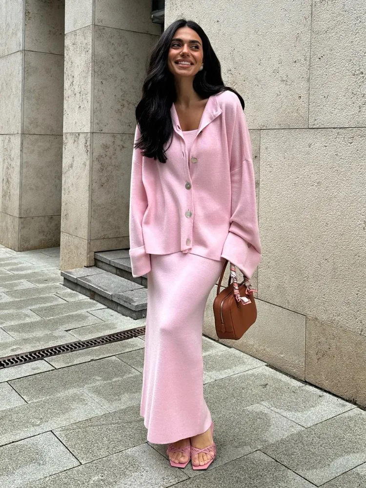 DemoRave New Fashion Kni 3 Pieces Set Women Autumn Elegant Commute Long Skirt Loose Patchwork Camisole Cardigan Maxi Skirt Sets