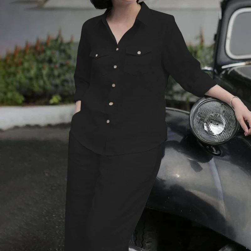 Elegant Women Autumn 2 Pieces Sets 2pcs Outfits Long Sleeve Shirt Loose Pants Sets 2025 ZANZEA Stylish Casual Solid OL Work Suit