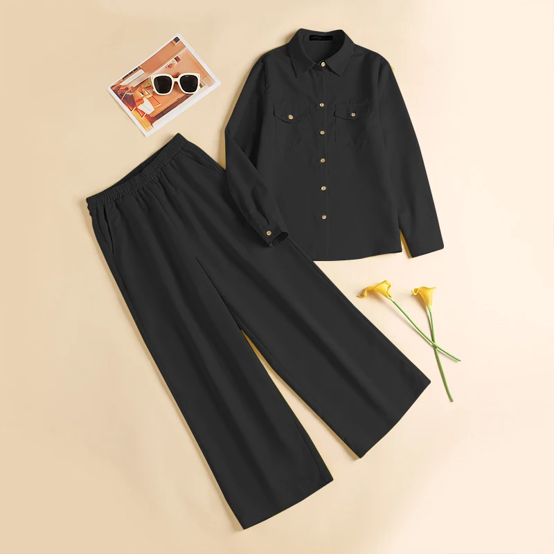 Elegant Women Autumn 2 Pieces Sets 2pcs Outfits Long Sleeve Shirt Loose Pants Sets 2025 ZANZEA Stylish Casual Solid OL Work Suit