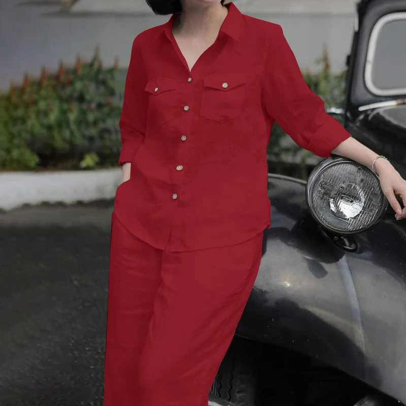 Elegant Women Autumn 2 Pieces Sets 2pcs Outfits Long Sleeve Shirt Loose Pants Sets 2025 ZANZEA Stylish Casual Solid OL Work Suit