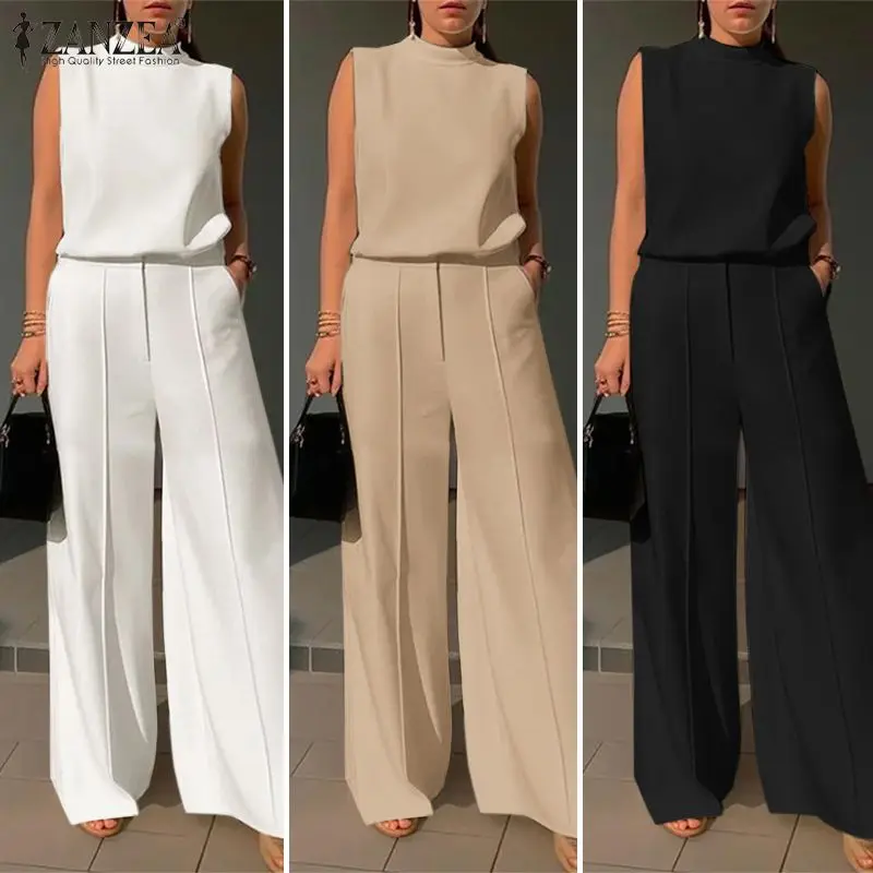 Elegant Women OL Work Wide Leg Trousers Suits Solid  Tracksuit 2024 ZANZEA Summer Sleeveless Blouse Casual Pants Sets 2PCS