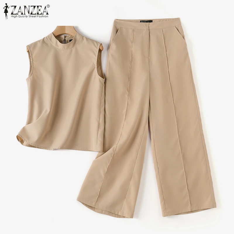 Elegant Women OL Work Wide Leg Trousers Suits Solid  Tracksuit 2024 ZANZEA Summer Sleeveless Blouse Casual Pants Sets 2PCS