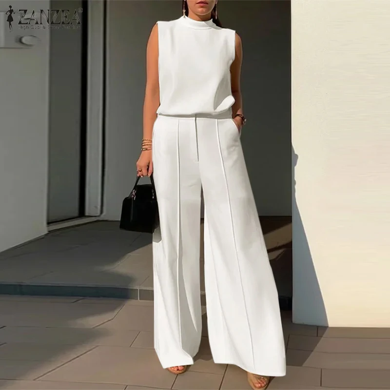 Elegant Women OL Work Wide Leg Trousers Suits Solid  Tracksuit 2024 ZANZEA Summer Sleeveless Blouse Casual Pants Sets 2PCS