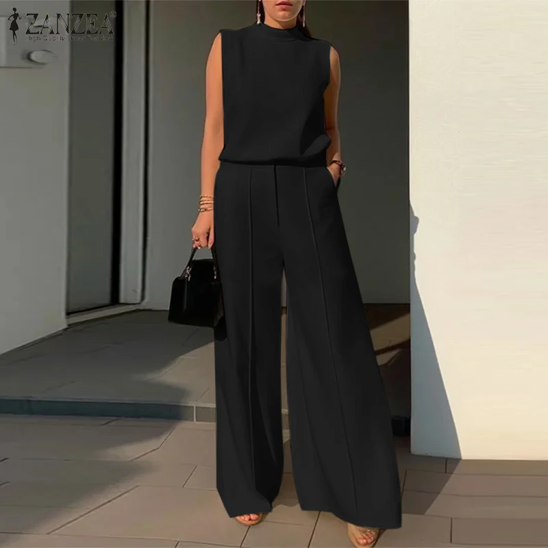 Elegant Women OL Work Wide Leg Trousers Suits Solid  Tracksuit 2024 ZANZEA Summer Sleeveless Blouse Casual Pants Sets 2PCS