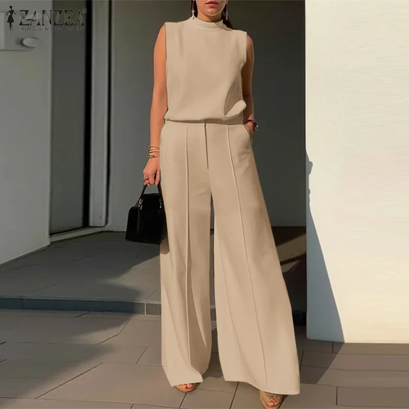 Elegant Women OL Work Wide Leg Trousers Suits Solid  Tracksuit 2024 ZANZEA Summer Sleeveless Blouse Casual Pants Sets 2PCS