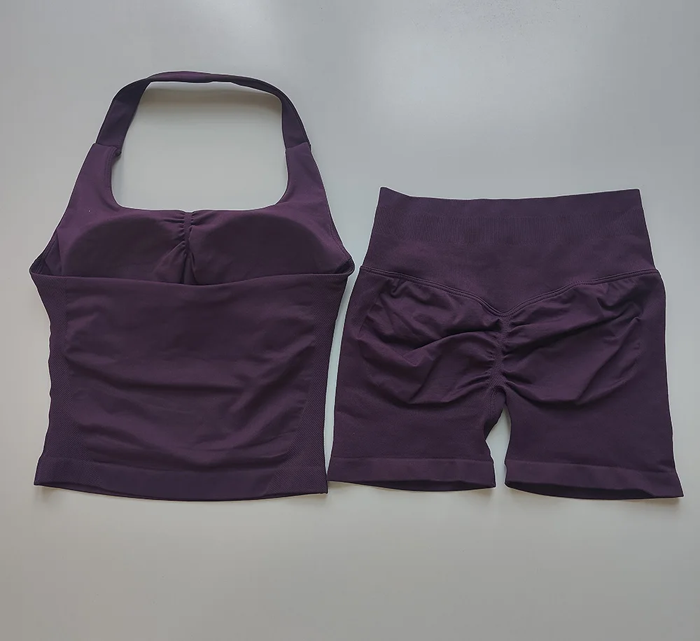 Sexy Halter Neck Beautiful Back High Waist Peach Sports Bras Shorts Suit Pilates Gathering Yoga Vest Training Fitness Bra Sets