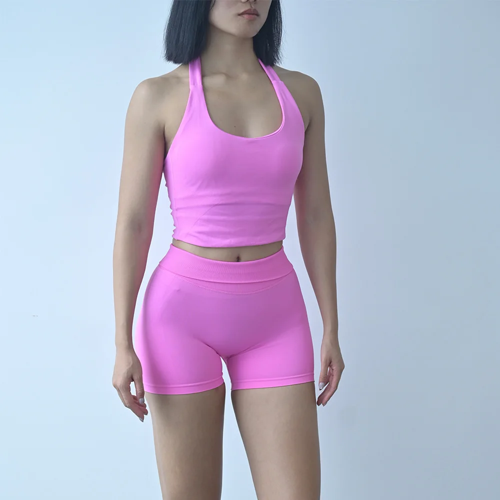 Sexy Halter Neck Beautiful Back High Waist Peach Sports Bras Shorts Suit Pilates Gathering Yoga Vest Training Fitness Bra Sets