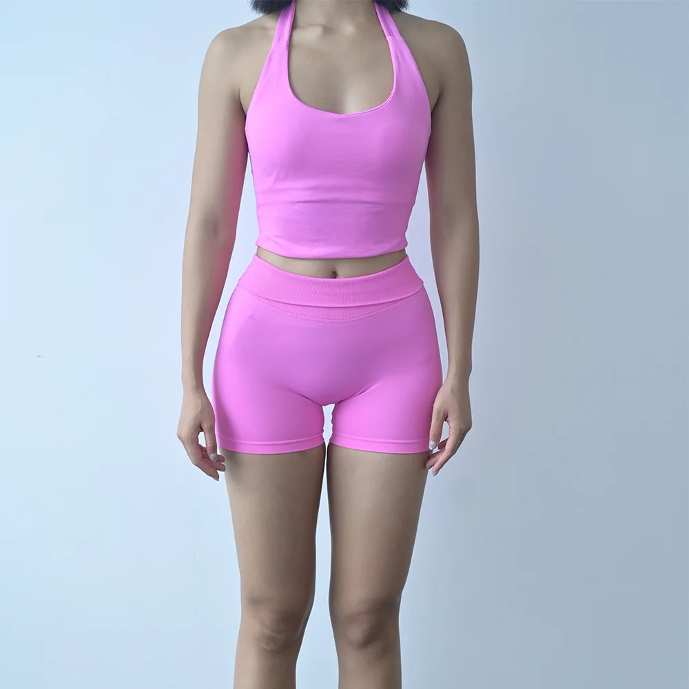 Sexy Halter Neck Beautiful Back High Waist Peach Sports Bras Shorts Suit Pilates Gathering Yoga Vest Training Fitness Bra Sets