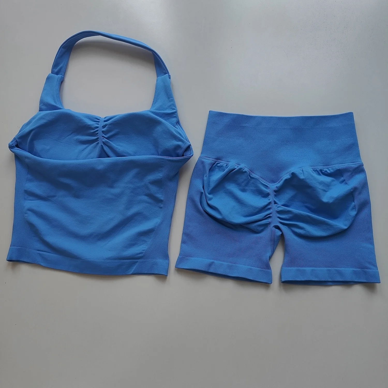 Sexy Halter Neck Beautiful Back High Waist Peach Sports Bras Shorts Suit Pilates Gathering Yoga Vest Training Fitness Bra Sets