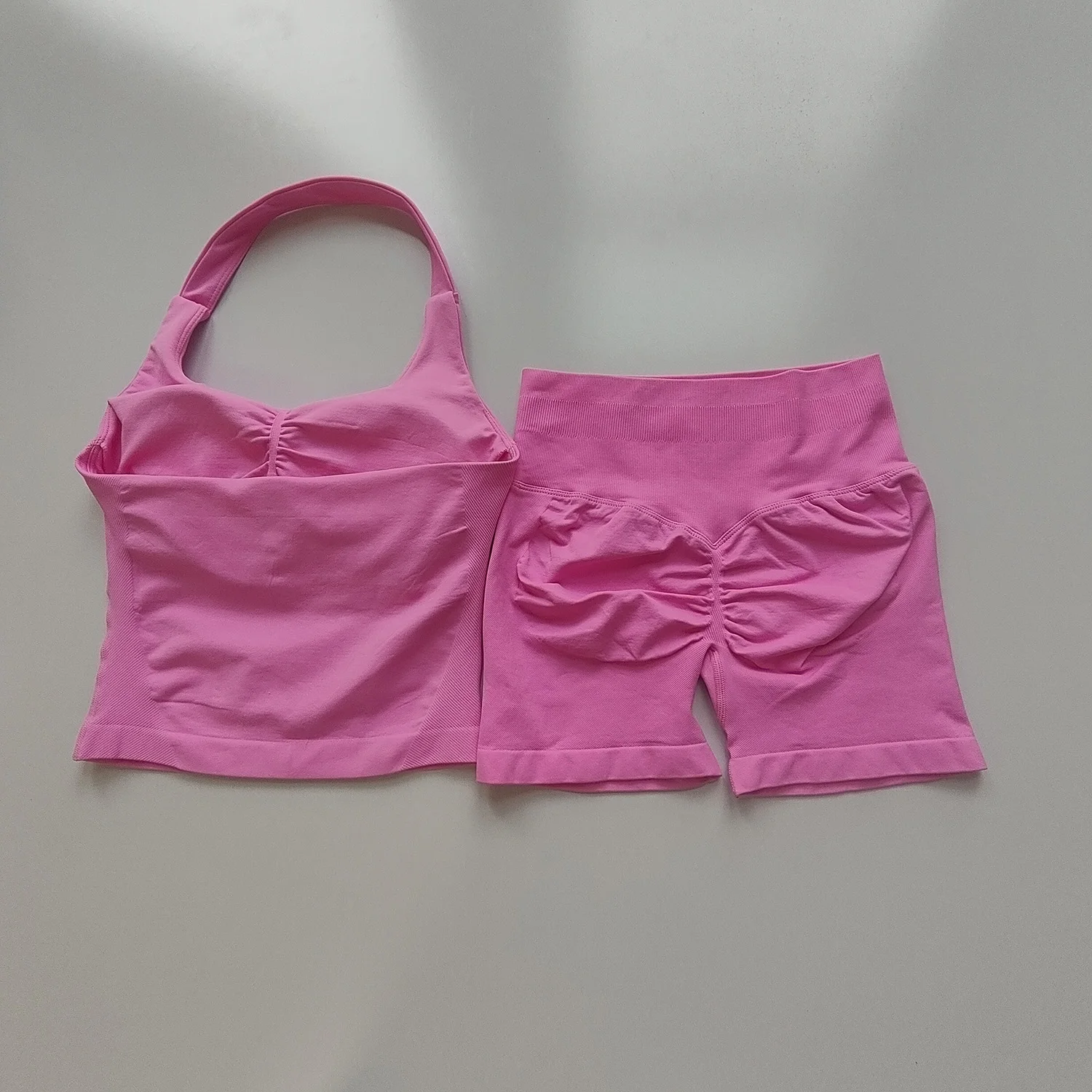 Sexy Halter Neck Beautiful Back High Waist Peach Sports Bras Shorts Suit Pilates Gathering Yoga Vest Training Fitness Bra Sets