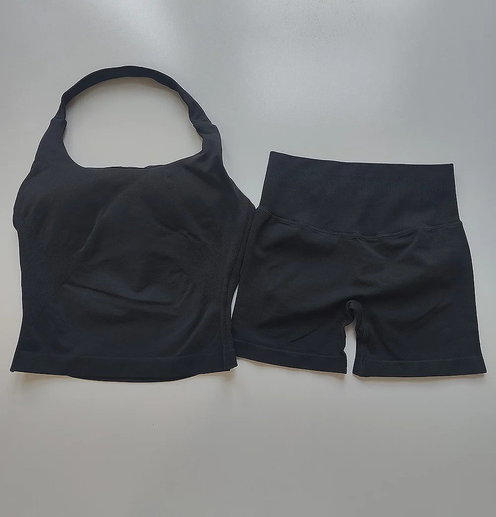 Sexy Halter Neck Beautiful Back High Waist Peach Sports Bras Shorts Suit Pilates Gathering Yoga Vest Training Fitness Bra Sets