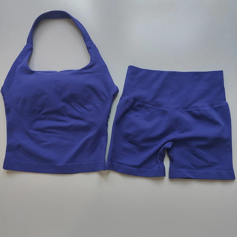 Sexy Halter Neck Beautiful Back High Waist Peach Sports Bras Shorts Suit Pilates Gathering Yoga Vest Training Fitness Bra Sets