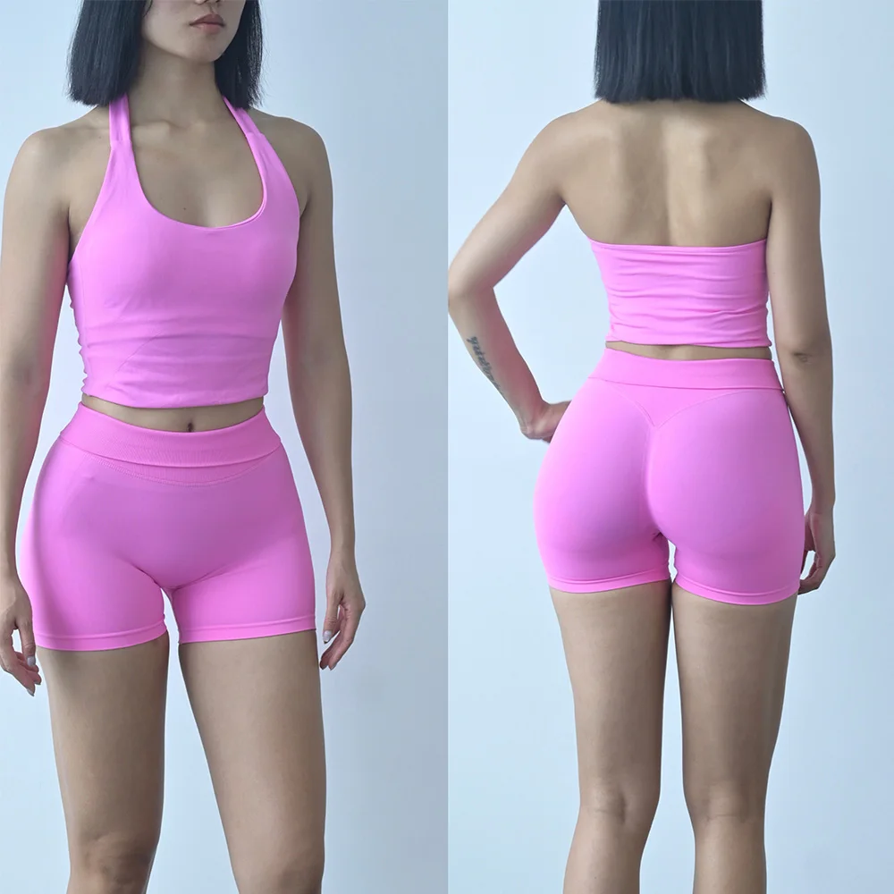 Sexy Halter Neck Beautiful Back High Waist Peach Sports Bras Shorts Suit Pilates Gathering Yoga Vest Training Fitness Bra Sets