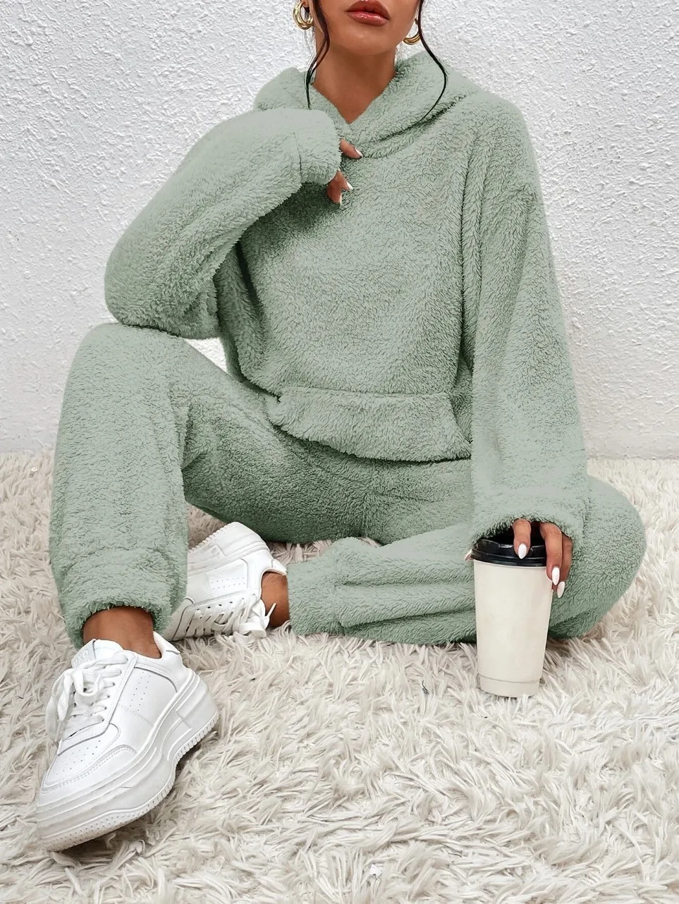 Autumn Winter Plush Hooded Sweatshirt Trousers 2 Piece Set Women's Fashion Pocket Warm Casual Home Clothing Hoodie Trousers Suit