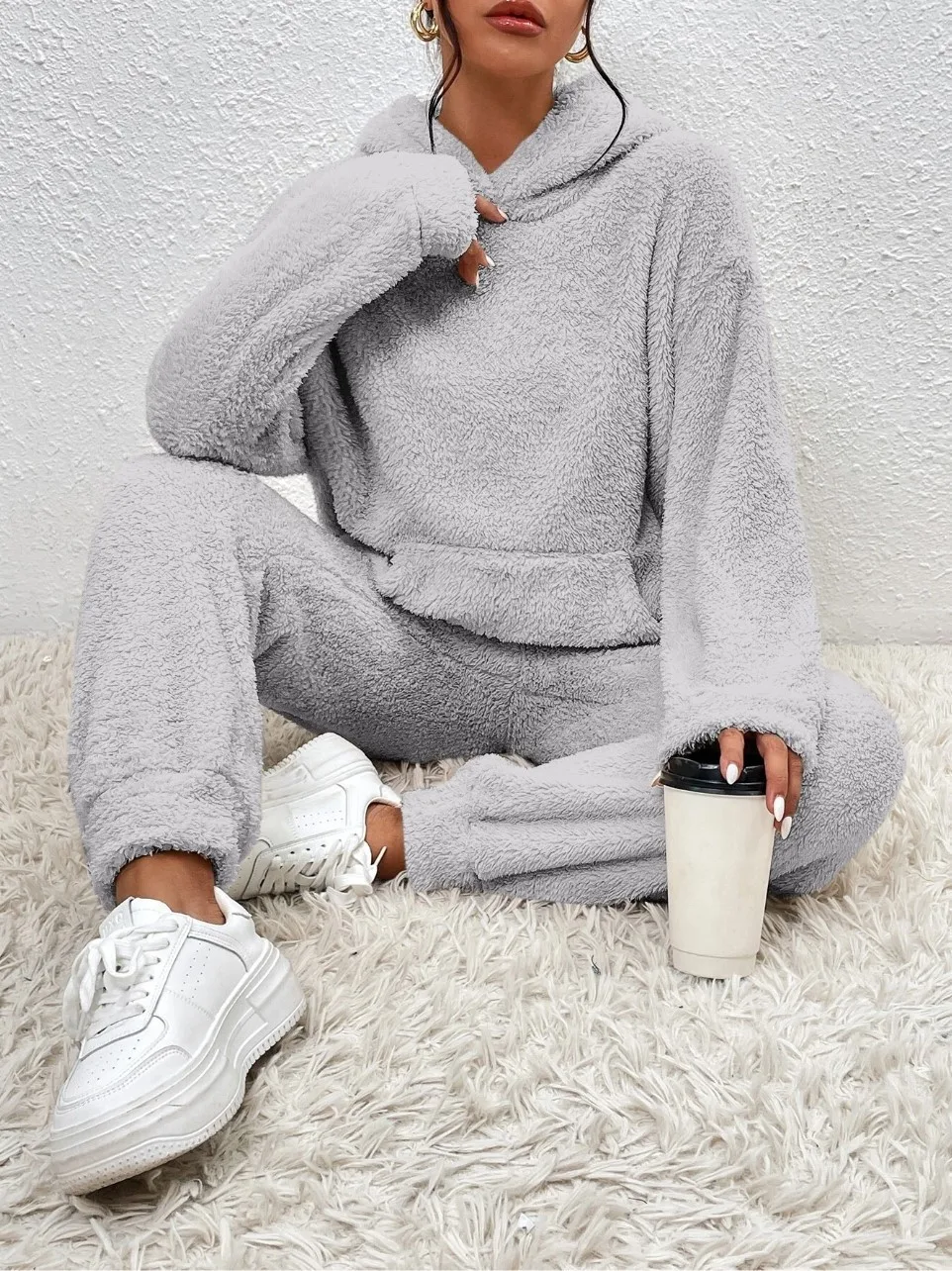 Autumn Winter Plush Hooded Sweatshirt Trousers 2 Piece Set Women's Fashion Pocket Warm Casual Home Clothing Hoodie Trousers Suit