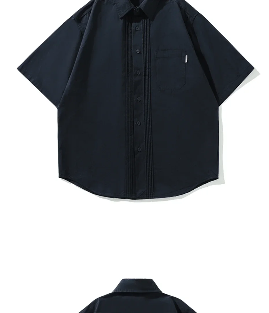 2025 Casual Shirts Men Streetwear Harajuku Short Sleeve Shirt Man Vintage Japan Style Pleated Design Cargo Blouse Male