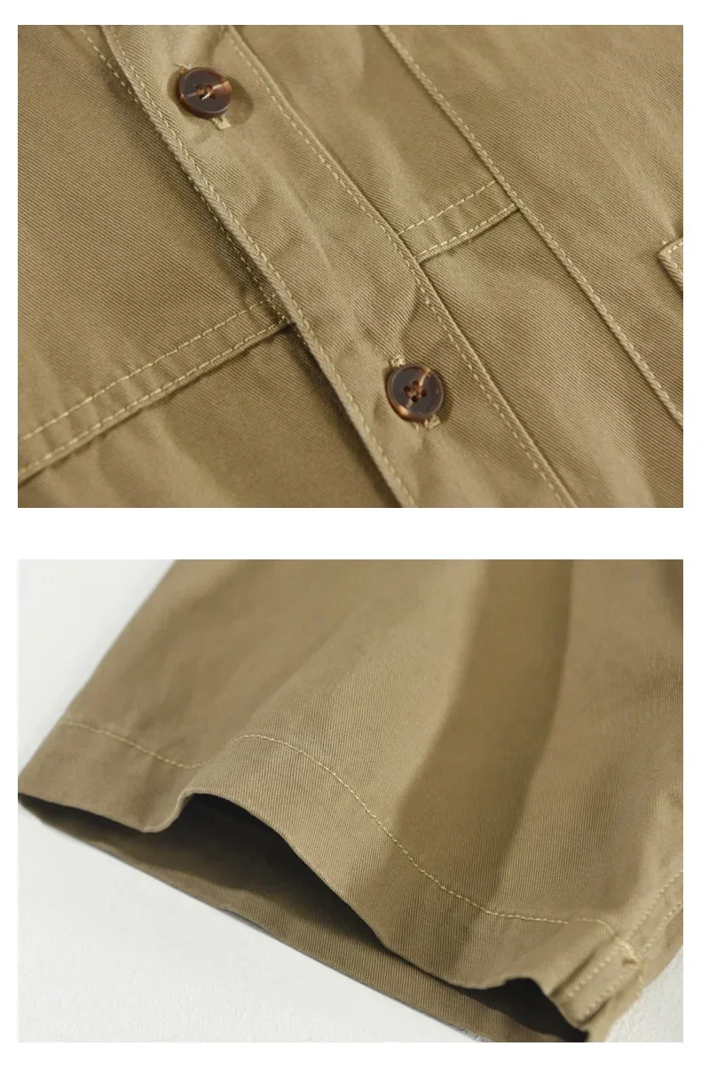 Japanese Fashion Men Cargo Shirt Summer Streetwear Loose Shirts Casual Double Pockets Tops 100% Cotton Short Sleeve Mens Shirts