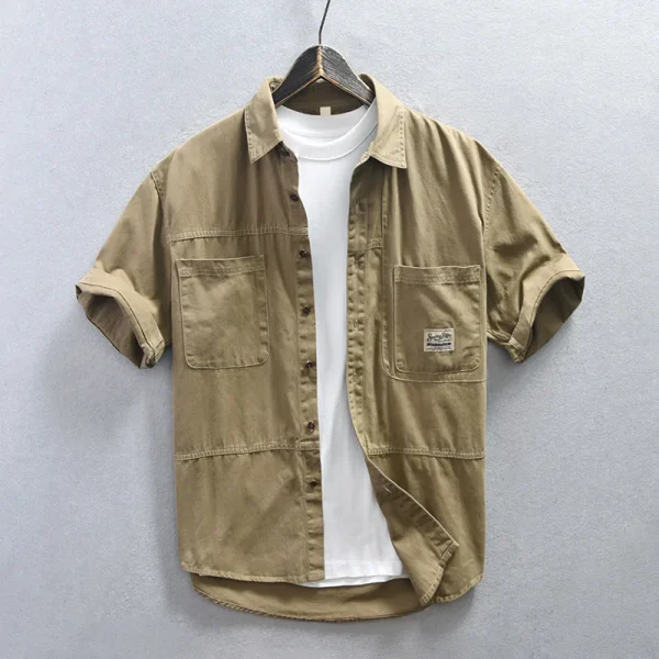 Japanese Fashion Men Cargo Shirt Summer Streetwear Loose Shirts Casual Double Pockets Tops 100% Cotton Short Sleeve Mens Shirts