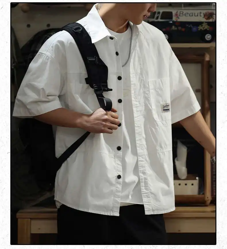 American Style Heavyweight Solid Color Workwear Short Sleeved Men Summer New Loose Casual Lapel Collar Quarter Sleeves Shirt