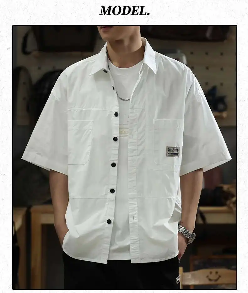 American Style Heavyweight Solid Color Workwear Short Sleeved Men Summer New Loose Casual Lapel Collar Quarter Sleeves Shirt