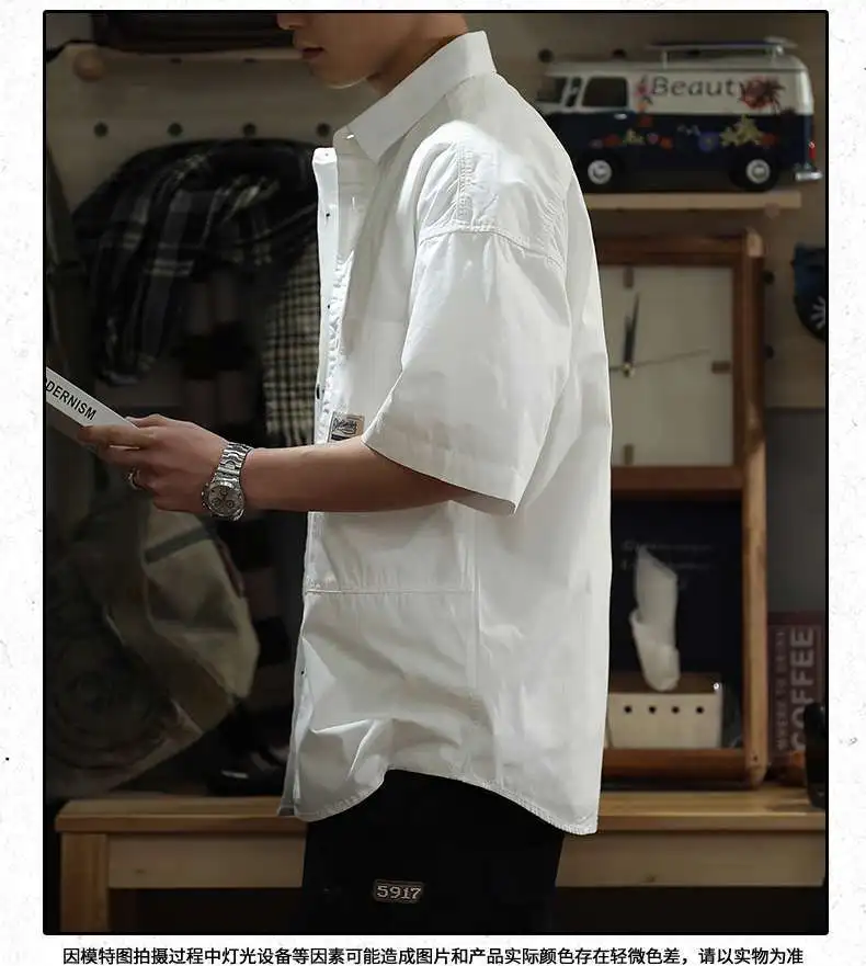 American Style Heavyweight Solid Color Workwear Short Sleeved Men Summer New Loose Casual Lapel Collar Quarter Sleeves Shirt