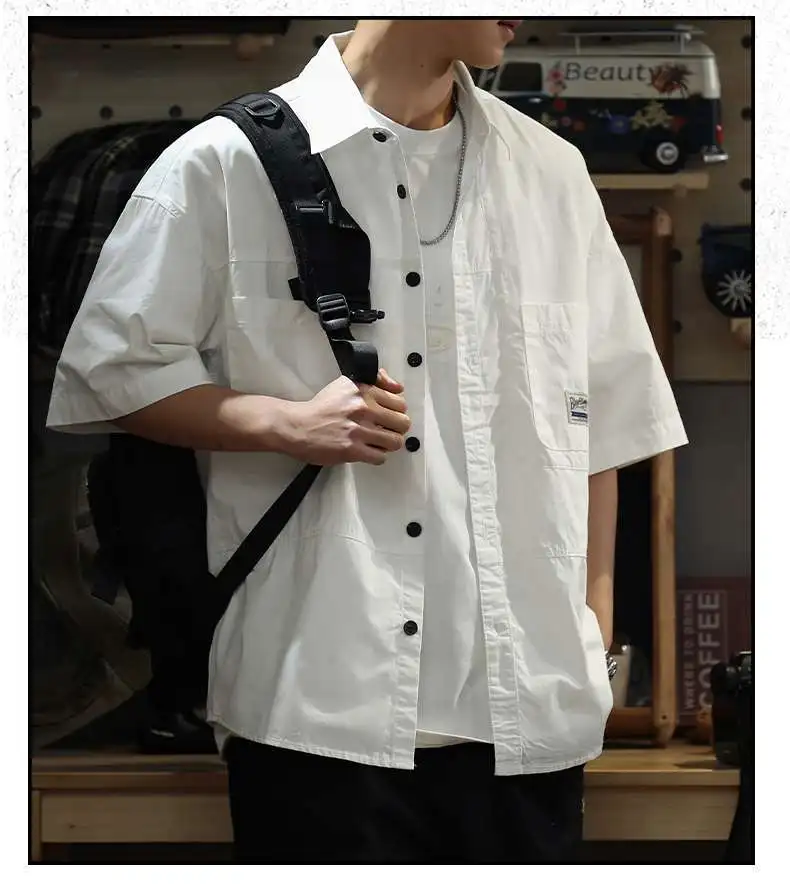 American Style Heavyweight Solid Color Workwear Short Sleeved Men Summer New Loose Casual Lapel Collar Quarter Sleeves Shirt