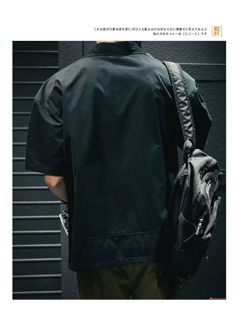 Korea American Casual Men's T-shirt Summer Tooling Style Short Sleeve Casual Loose Pocket Shirt Men's Polo Neck Tops Plus Size