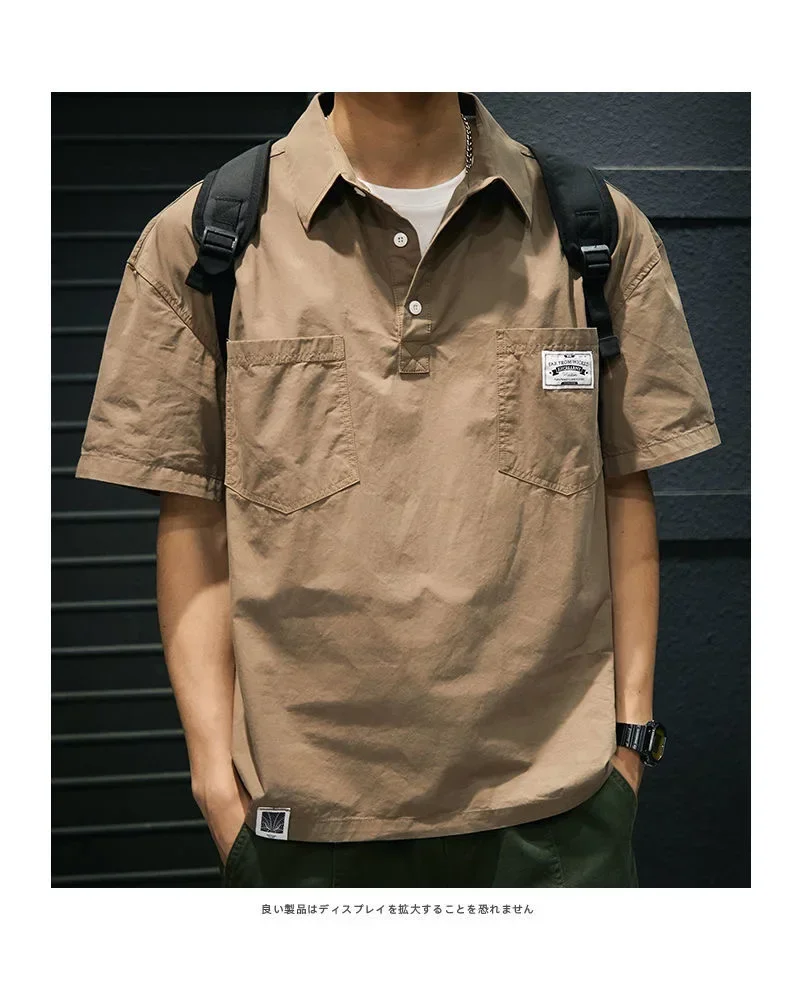 Korea American Casual Men's T-shirt Summer Tooling Style Short Sleeve Casual Loose Pocket Shirt Men's Polo Neck Tops Plus Size