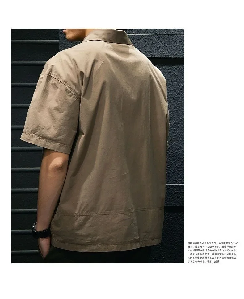 Korea American Casual Men's T-shirt Summer Tooling Style Short Sleeve Casual Loose Pocket Shirt Men's Polo Neck Tops Plus Size