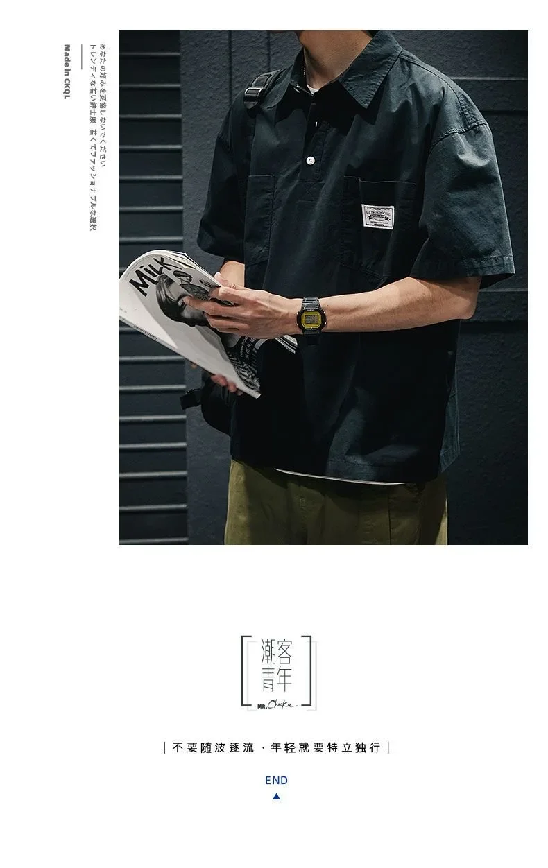 Korea American Casual Men's T-shirt Summer Tooling Style Short Sleeve New Pocket Shirt Collar Men's Clothing Loose Plus Size Top