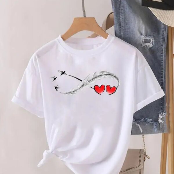 Embrace Love and Style: Heart Feather Trend Women's Fashion Graphic T-shirts - Wear Your Heart on Your Sleeve!