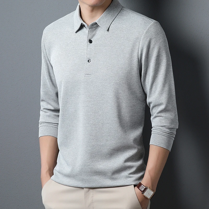 Men's Business Casual Polo Long Sleeve T-shirt Summer Comfortable Solid Cotton Top