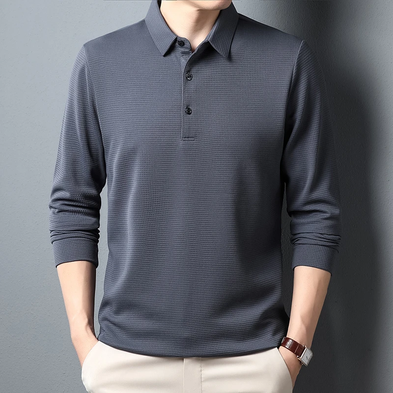 Men's Business Casual Polo Long Sleeve T-shirt Summer Comfortable Solid Cotton Top