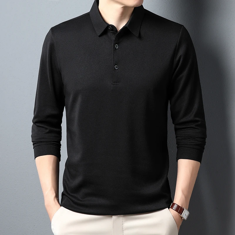 Men's Business Casual Polo Long Sleeve T-shirt Summer Comfortable Solid Cotton Top