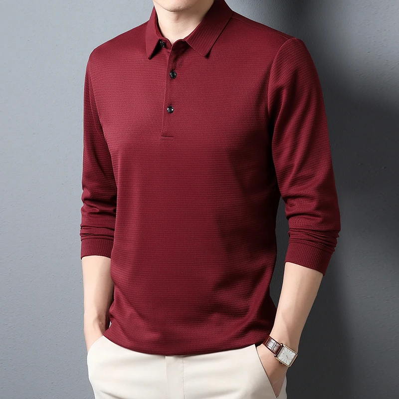 Men's Business Casual Polo Long Sleeve T-shirt Summer Comfortable Solid Cotton Top