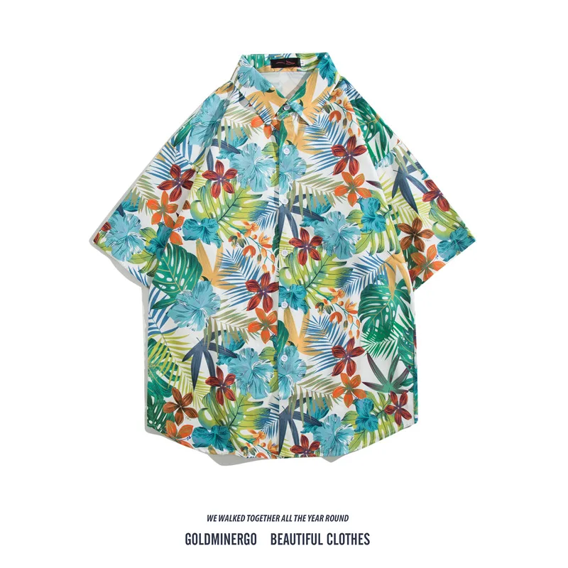 Men Street Fashion Daily Shirt Hawaiian Cartoon Print Casual Loose Shirts Short Sleeve Beach Loose Tops